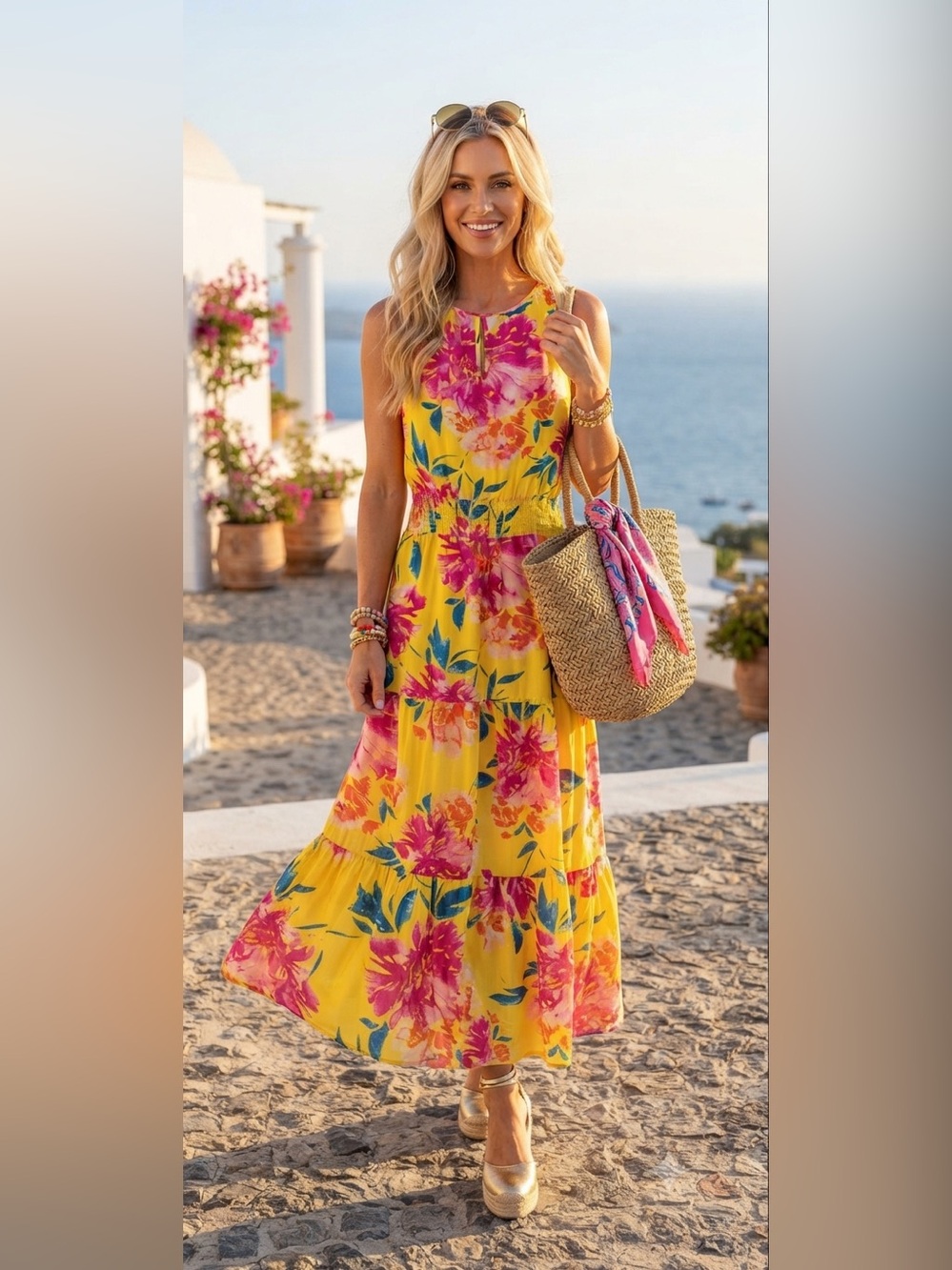 Allison Joy Yellow Pink Floral Print Smocked Waist Tiered Maxi Dress Sz XS